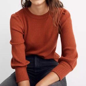 Madewell Orange Brushed Rib Pleat-Sleeve Top